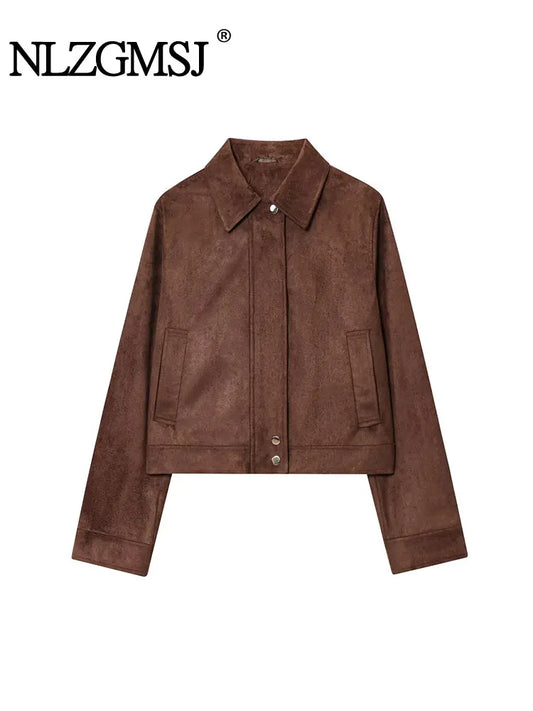 NLZGMSJ Jacket 2025 Women's Suede Lapel Long Sleeved Coat Fashion Short Casual Jackets Streetwear In Outerwear