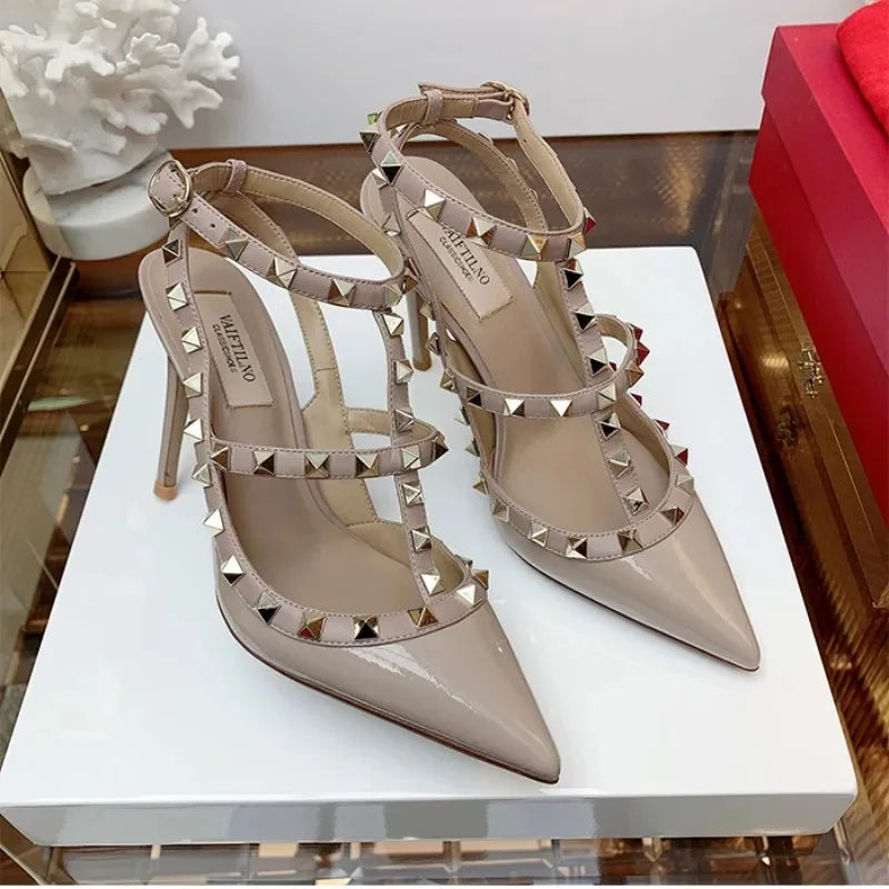 Shoes For Women 2025 Summer Luxury Punk Metal Rivet High Heels Gladiator Pointed Toe Stiletto Sandals Elegant Sexy Party Shoes