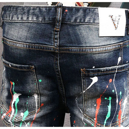 Fashion Streetwear Men Jeans Retro Black Blue Elastic Slim Fit Ripped Jeans Men Spliced Designer Embroidery Hip Hop Denim Pants PlatiNum