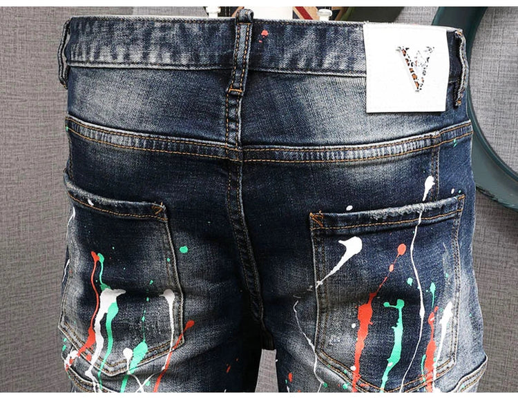 Fashion Streetwear Men Jeans Retro Black Blue Elastic Slim Fit Ripped Jeans Men Spliced Designer Embroidery Hip Hop Denim Pants PlatiNum