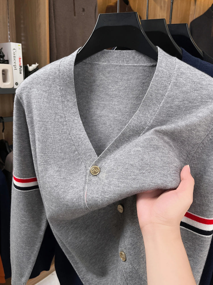 High End Brand Knitted Cardigan Men's Autumn Trend Color Blocked Striped Designer New shawl Korean Casual V-Neck sweater Coat