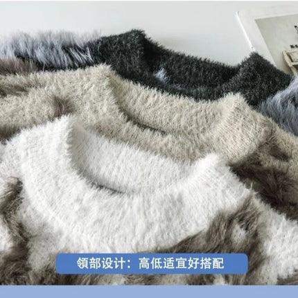 Men Jacquard Furry Sweater Long Sleeve Thick Print Faux Mink Velvet Knit Dyed Pullover O Neck High Street Warm Sweater Jumpers