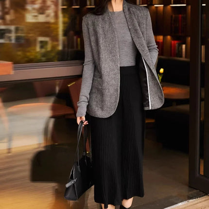 Birdtree,90% Wool 10% Cashmere Knitted Skirt For Women,Mid-Waist Casual Long Skirts,Commuting Style,2026 Spring New D61337JF PlatiNum