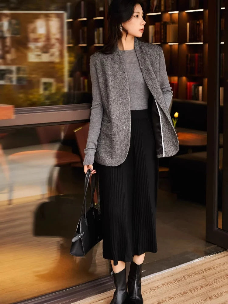 Birdtree,90% Wool 10% Cashmere Knitted Skirt For Women,Mid-Waist Casual Long Skirts,Commuting Style,2026 Spring New D61337JF PlatiNum