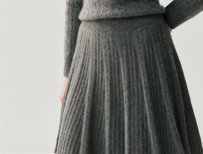 CHICUU Women's A-line Pleated Skirt 100% Cashmere Knit Mini Skirt Autumn Winter Preppy Style Above Knee Skirt Cashmere Knitwear PlatiNum