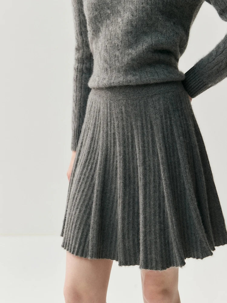 CHICUU Women's A-line Pleated Skirt 100% Cashmere Knit Mini Skirt Autumn Winter Preppy Style Above Knee Skirt Cashmere Knitwear PlatiNum