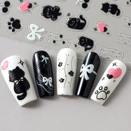 Cute Black Cat Nail Stickers Decals 5D Embossed Kawaii Cat Flowers Star Nail Art Decoration Cute Cartoon Sliders Summer Manicure