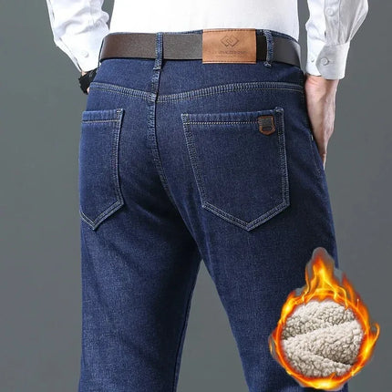 2026 New Plush Lined Business Male Trousers Winter Lamb Fluff Jeans Men Straight Denim Pants Thicken Fleece Warm Stretch Jeansy