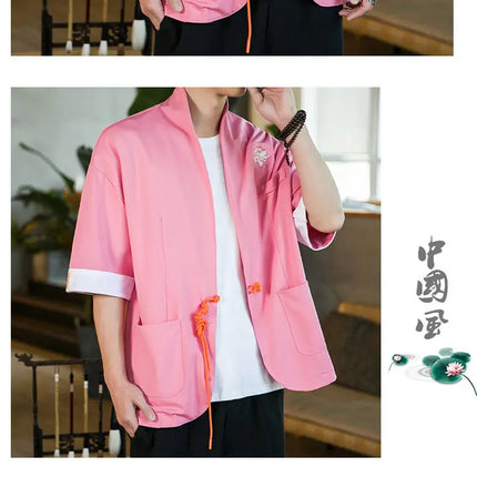 Nuova Camicia Giapponese da Samurai Ricamata in Cotone e Lino da Uomo, Vestibilità Ampia, Stile Retrò Tradizionale, Casual, Traspirante, Confortevole ed Elegante
