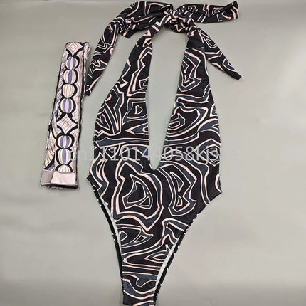 Costumi da bagno di lusso da donna con sciarpa nera e logo firmato, set bikini con fascia per capelli firmata da designer, abbigliamento da spiaggia platinumshop