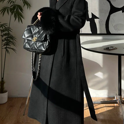 Autumn Winter Korean High-end Real Fox Fur Sleeves Women Black Slim Fit Waist Cinched Double-sided Wool Coat Long Woolen Coat