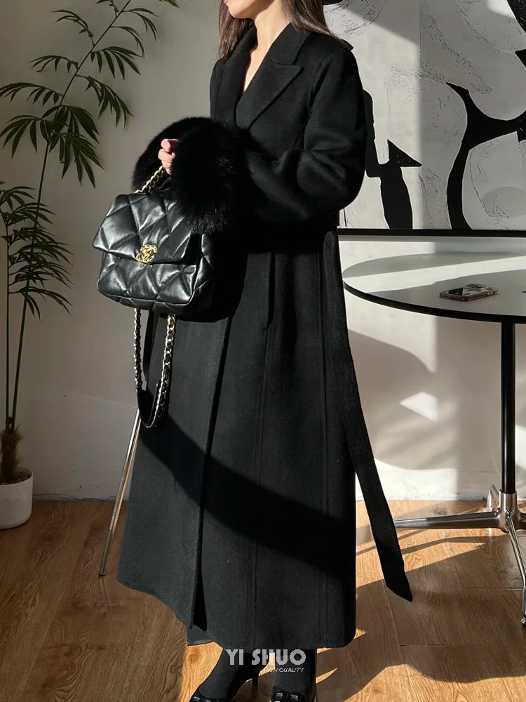 Autumn Winter Korean High-end Real Fox Fur Sleeves Women Black Slim Fit Waist Cinched Double-sided Wool Coat Long Woolen Coat