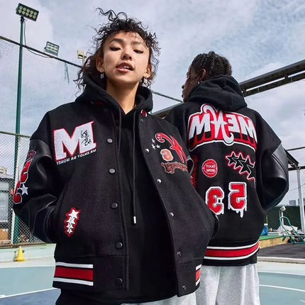 Bomber Jacket Men Women Flocking Hip Hop Loose Casual Patchwork Coat Unisex Embroidery High Street Varsity Baseball Outwear 2023