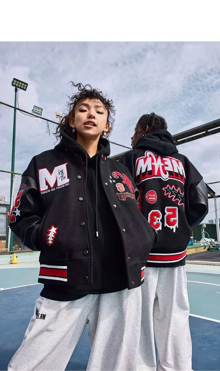 Bomber Jacket Men Women Flocking Hip Hop Loose Casual Patchwork Coat Unisex Embroidery High Street Varsity Baseball Outwear 2023