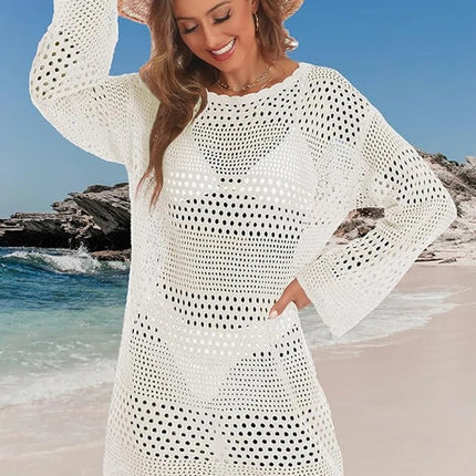 Copricostume da donna bianco traforato all'uncinetto con maniche a campana, vestibilità ampia, tunica da spiaggia primaverile/estiva platinumshop