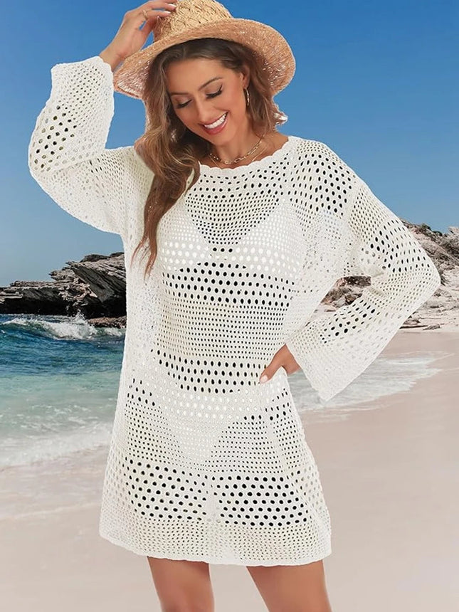 Copricostume da donna bianco traforato all'uncinetto con maniche a campana, vestibilità ampia, tunica da spiaggia primaverile/estiva platinumshop