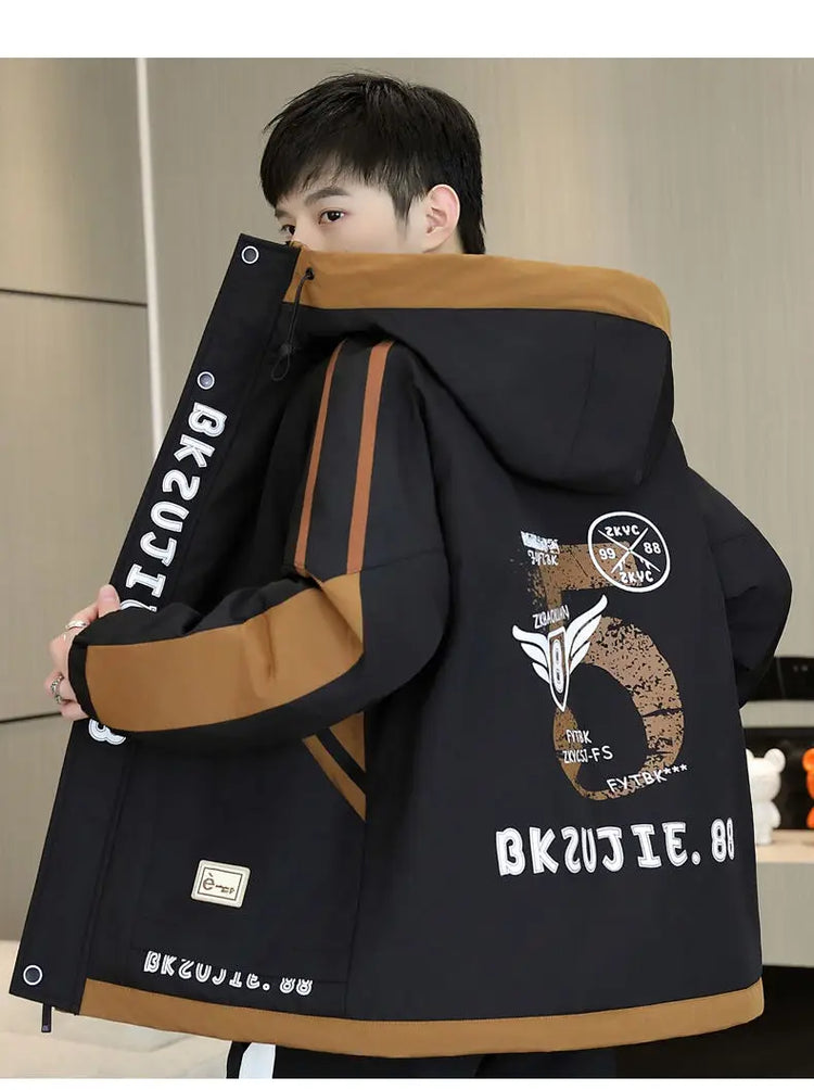 Fashion Autumn Winter Men's Hooded Fleece Jackets Youth High Streetwear Casual Plush Liner Coats Windproof Padded Tops Clothing