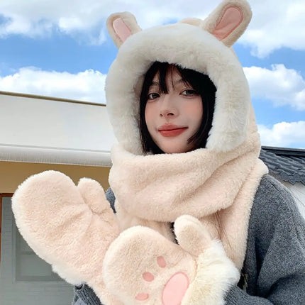 New Fashion Scarf Hat Glove Women Cute Big Ear Bunny Beanie Winter Warm Soft Thickening Pocket Warm Ear Hats Hooded Skullie Caps