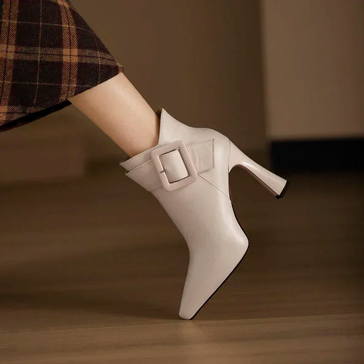 Women's Elegant High Heels Ankle Boots 2025 Spring Belt Buckle Pu Leather Short Boots Woman Plus Size 43 Thin Heeled Party Shoes