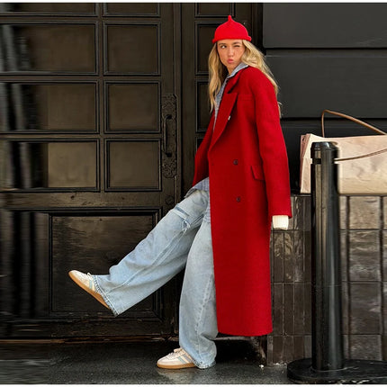 Elegant Women's Woolen Overcoat Solid Lapel Double Breasted Full Sleeve Long Coat 2026 Autumn Winter Fashion Lady Outwear