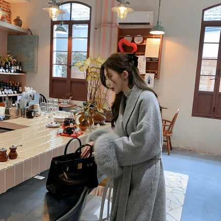 Lace Up Lapel Cashmere Wool Coat For Women's Winter Fashion Female Woolen Jackets Fur Long Sleeve Loose Overcoats