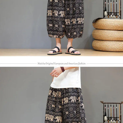Pantaloncini da uomo estivi Pantaloni larghi casual comodi in cotone Pantaloni tradizionali al polpaccio retrò Pantaloncini traspiranti da uomo Streetwear
