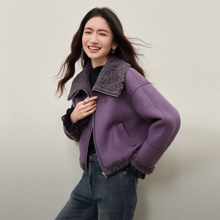 SENTUBILA Women's Faux Suede Coat Plush Lapel Zipper Faux Leather Cropped Jacket 2026 Winter Retro Ladies Outerwear W54PD5913