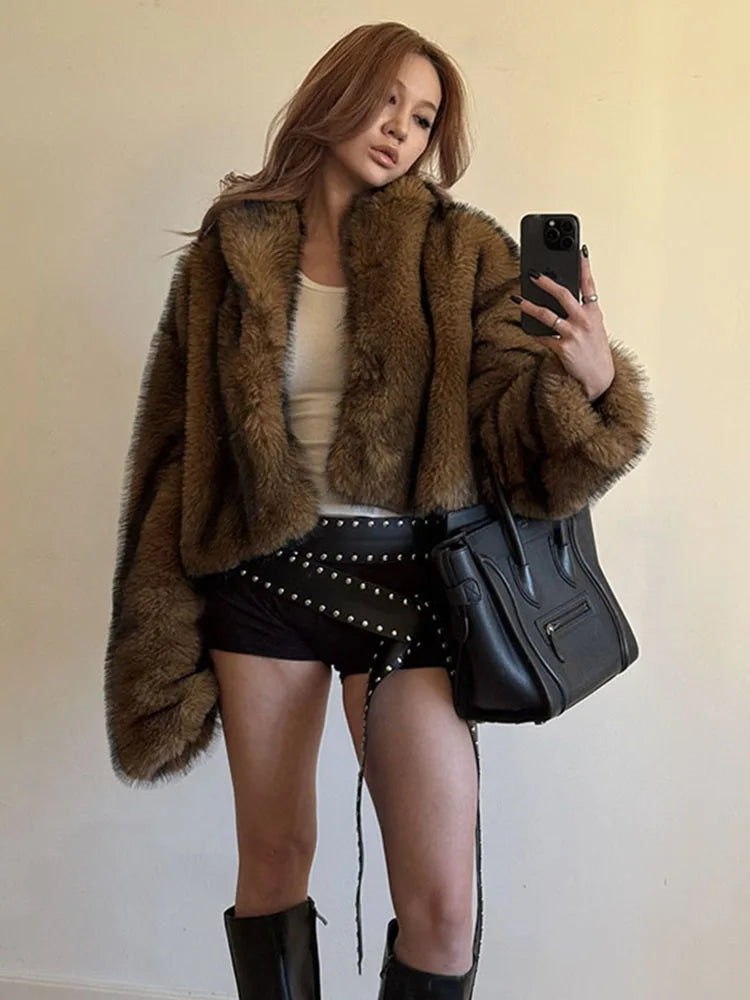 ZADORIN Oversized Fluffy Brown Faux Fur Coat Woman Clothes Winter Lapel Long Sleeve Short Fur Jackets for Woman Tops Outerwears