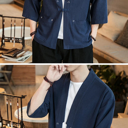 Kimono Camicia da uomo Samurai giapponese Cardigan tinta unita retrò Stile cinese Cotone Lino Yukata Haori Cappotto da uomo allentato Streetwear