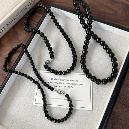 Collana con perline in vetro nero da 6, 8, 10 mm Minar Simple per donna, girocollo con chiusura a T placcata argento, pendenti PlatiNum