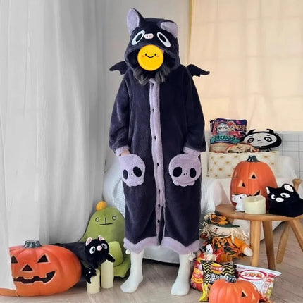 Cartoon Animal Fox Pajamas Women's Winter Coral Fleece Thickened One-Piece Plush Cute Long Hooded Plus Size Robe Home Wear