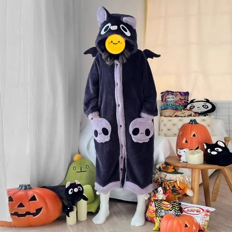 Cartoon Animal Fox Pajamas Women's Winter Coral Fleece Thickened One-Piece Plush Cute Long Hooded Plus Size Robe Home Wear
