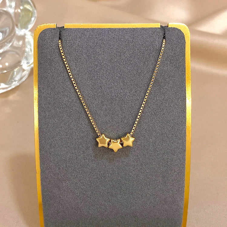 Cute Triple Color Star Beads Necklace for Women Girls Fashion Gold Plated Stainless Steel Charm Necklaces Waterproof Jewelry PlatiNum