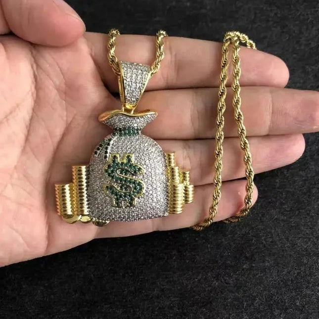 Hip Hop Ice Out Dollar Money Bag Necklace Shiny Cubic Zirconia Wallet Pendant for Men Women Hip Hop Rock Rap Cool Jewelry PlatiNum