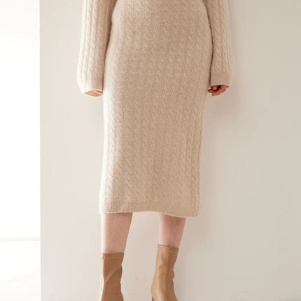 Autumn Winter 100% Cashmere Skirt Women Soild Mid-calf  High Waist Twist Flower Fit Slimming Knitted Dress  Light Luxury Elegant PlatiNum