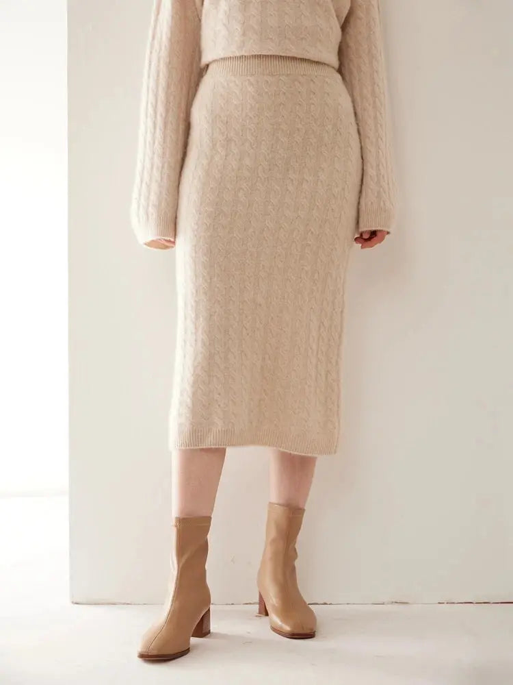 Autumn Winter 100% Cashmere Skirt Women Soild Mid-calf  High Waist Twist Flower Fit Slimming Knitted Dress  Light Luxury Elegant PlatiNum