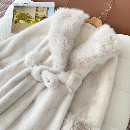 Winter Luxury Women Faux Furs Jackets Coats With Belt Elegant Waist Hugging Slimming Fur Big Collar Thickened Warm Outerwear