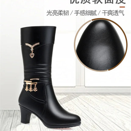 Women Comfortable Fleece Medium Boots Autumn Winter New Style Thick Heel Side Zipper Pointed Fashion High Heels Boots Elegant