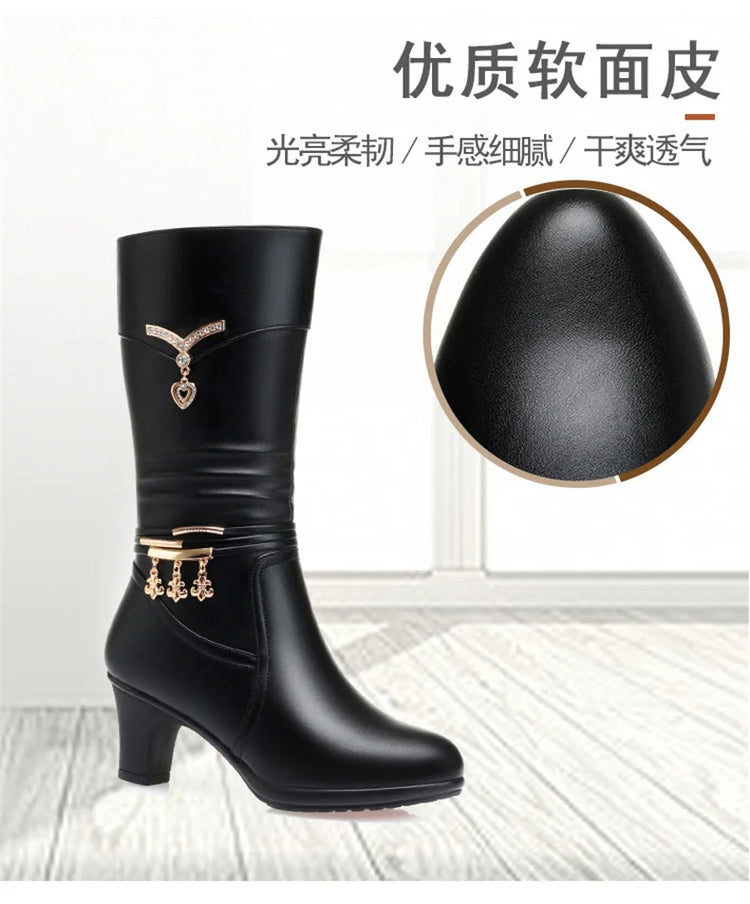 Women Comfortable Fleece Medium Boots Autumn Winter New Style Thick Heel Side Zipper Pointed Fashion High Heels Boots Elegant