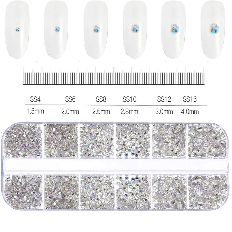 1.5mm-5mm Champagne Glass Crystal Nail Art Gems 12grids Flatback SS4-SS16 Mixed Nail Art Rhinestone Non-Hotfix Diamond Nail Deco