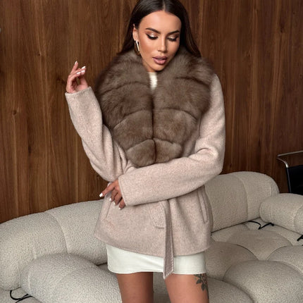 Brown Faux Fur Collar Wool Blend Belted Coats Elegant Wrap V Neck Long Sleeve Lace Up Jackets 2026 Lady Winter Autumn Outwear