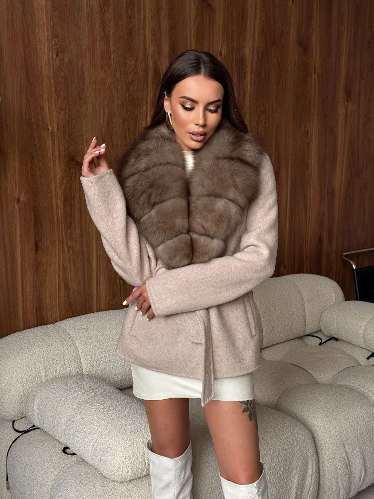 Brown Faux Fur Collar Wool Blend Belted Coats Elegant Wrap V Neck Long Sleeve Lace Up Jackets 2026 Lady Winter Autumn Outwear