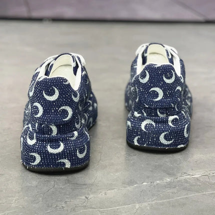 Luxury Designer Fashion Men's Blue Rhinestone Platform Lace Up Shoes Causal Flats Moccasins Male Rock Hip-hop Walking Sneakers