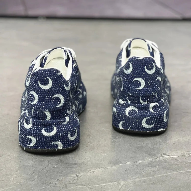 Luxury Designer Fashion Men's Blue Rhinestone Platform Lace Up Shoes Causal Flats Moccasins Male Rock Hip-hop Walking Sneakers