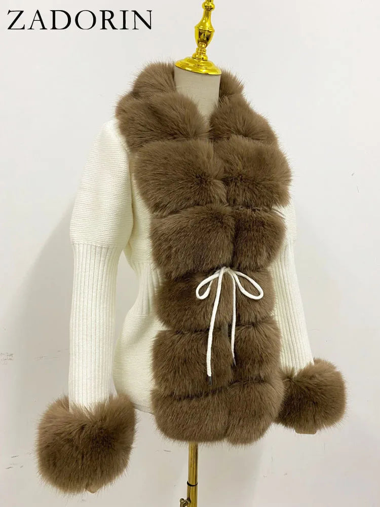 ZADORIN 2026 Chic Fur Cardigan Knitted Sweater Luxury Detachable Faux Fur White Pink Black Sweaters Cardigans Woman Tops Clothes
