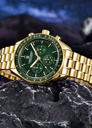 Nuovo orologio classico da uomo PAGANI DESIGN Orologio al quarzo di lusso verde dorato per uomo Cronografo sportivo con data automatica e cristallo AR in zaffiro Orologio da polso da uomo Spedizione locale