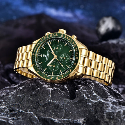 Nuovo orologio classico da uomo PAGANI DESIGN Orologio al quarzo di lusso verde dorato per uomo Cronografo sportivo con data automatica e cristallo AR in zaffiro Orologio da polso da uomo Spedizione locale