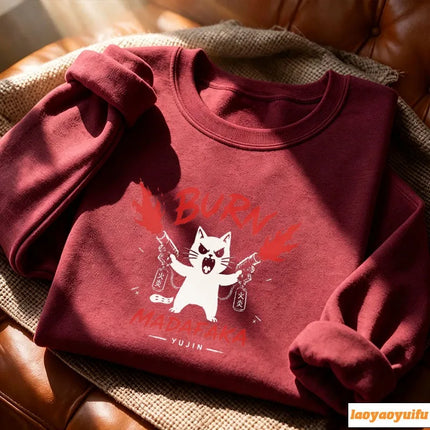 Angry White Cat Fire Gun Graffiti Style Cartoon Print Pullover Long Sleeve Casual Loose Streetwear Fashion Sweatshirts for Women