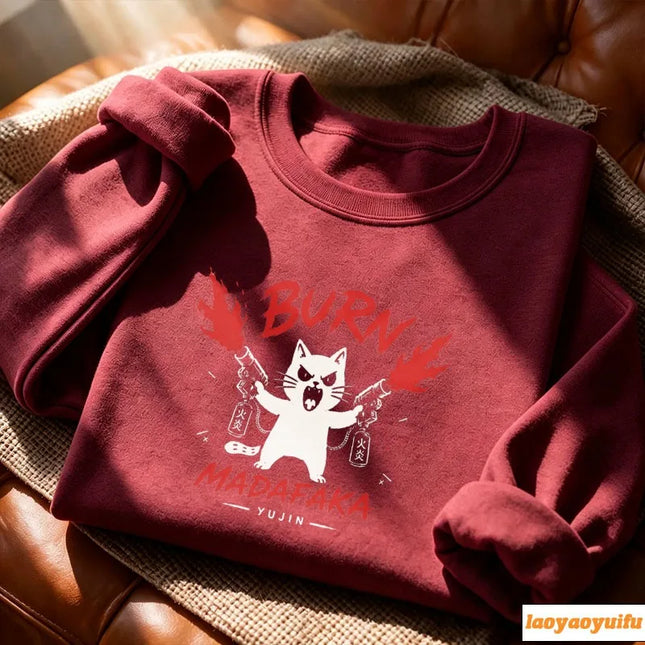 Angry White Cat Fire Gun Graffiti Style Cartoon Print Pullover Long Sleeve Casual Loose Streetwear Fashion Sweatshirts for Women