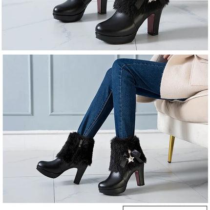 Snow Boots Womens Winter Warm Plush Fashion High Heels Pink White Black Fur Bowt Dress Party Wedding Platform Boots 526-1